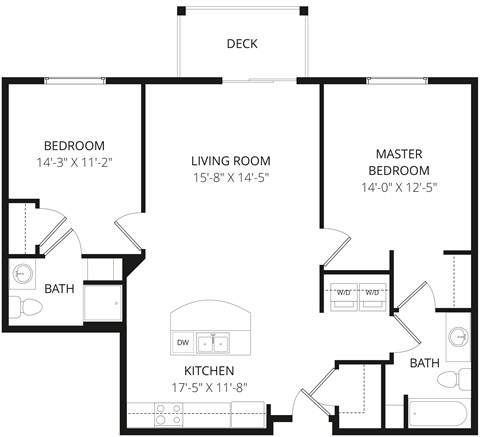 Floor plan for 2 beds, 2 baths, 1005 sqft